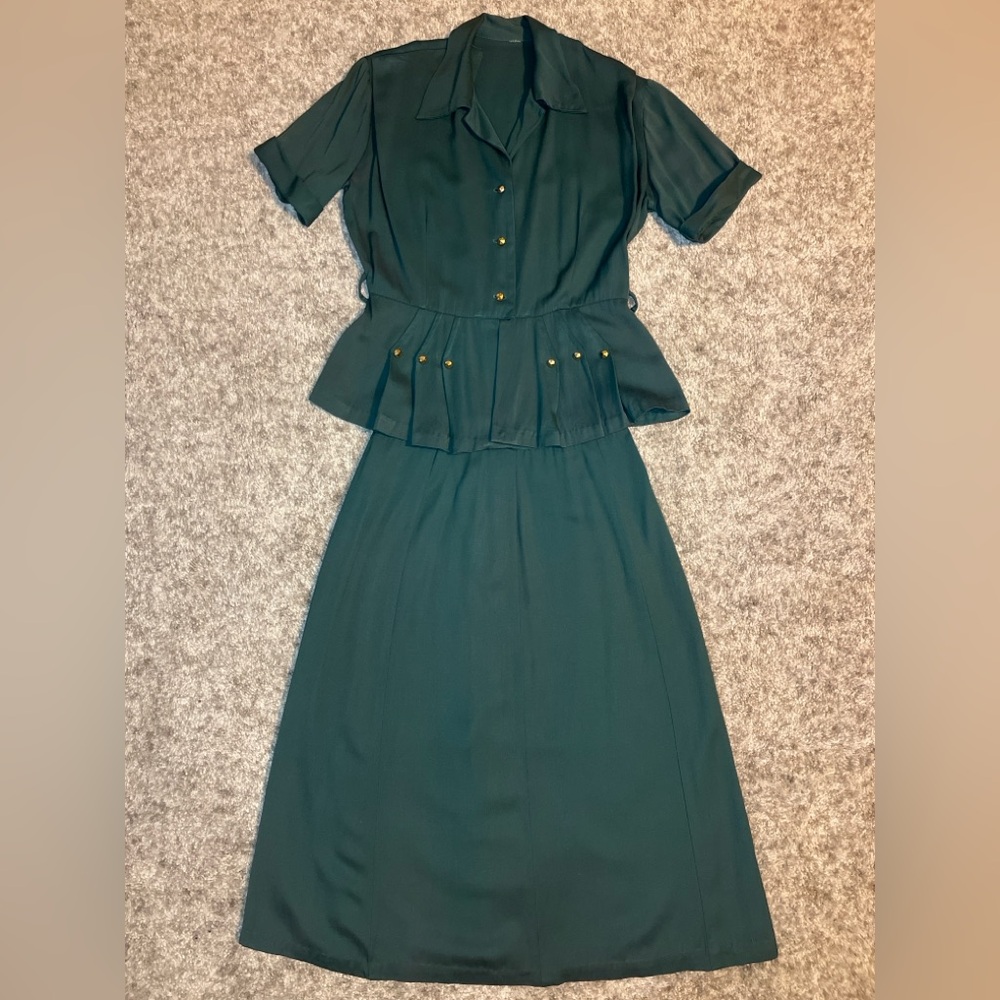 Forest Green Vintage Style 2 Piece Skirt Set Peplum Gold Buttons